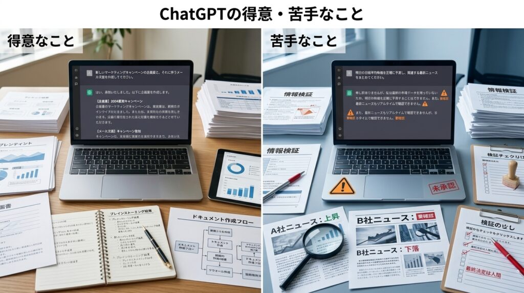 ChatGPTの得意なことと苦手なことを比較し、文章作成や情報整理と情報の正確性・事実確認の違いを解説した図
