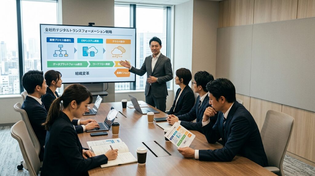 DXコンサルタントが企業担当者へデジタルトランスフォーメーション戦略を説明している会議の様子