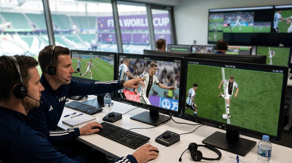 FIFAワールドカップでAIによる映像解析システムを活用しVAR判定を支援する様子