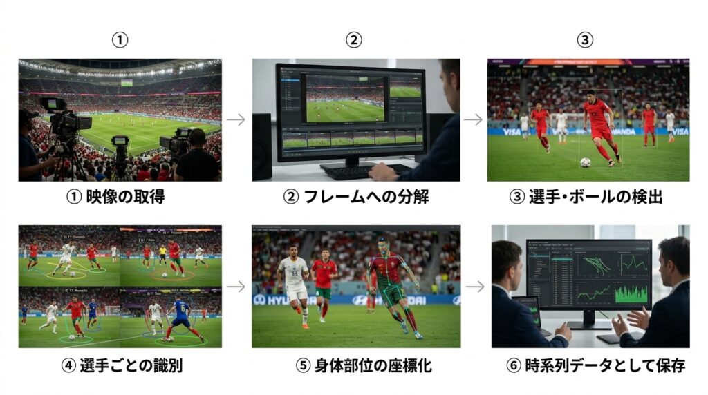 AIがサッカー選手を自動追跡し位置情報を解析するプレーヤートラッキングの流れ