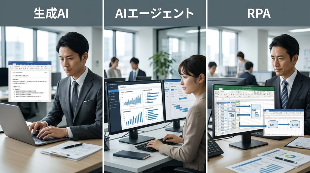 生成AI・AIエージェント・RPAの違いを比較した業務改善イメージ
