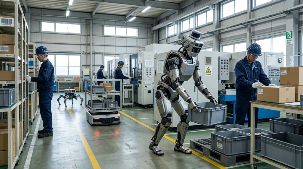 工場でヒューマノイドロボットや搬送ロボットが人と協働し、フィジカルAIが周囲を認識して作業する様子