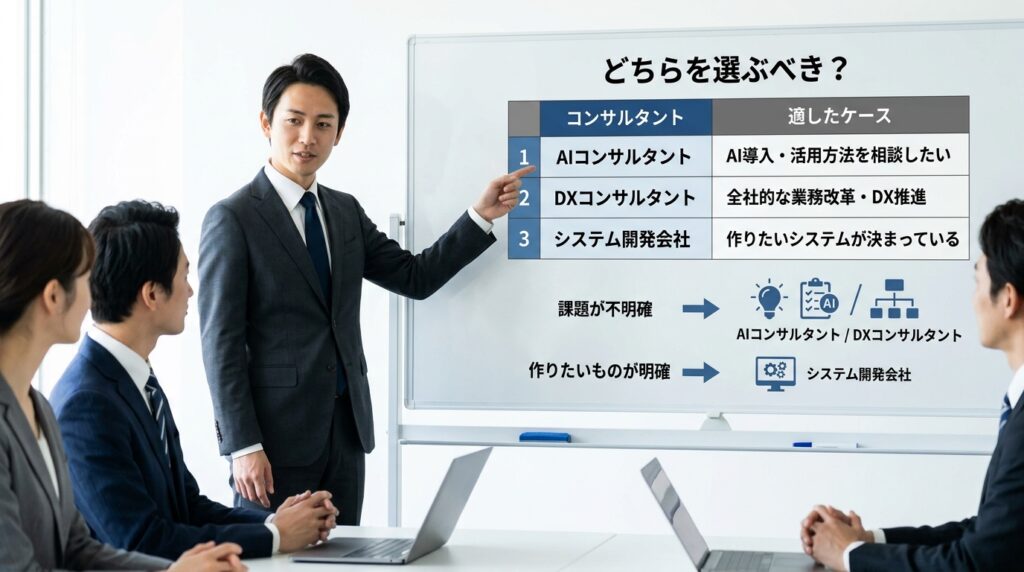 AIコンサルタント・DXコンサルタント・システム開発会社の違いと選び方を説明している様子