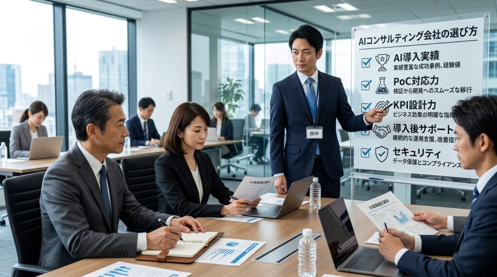 AIコンサル会社の選び方や比較ポイントについて企業担当者へ説明している様子
