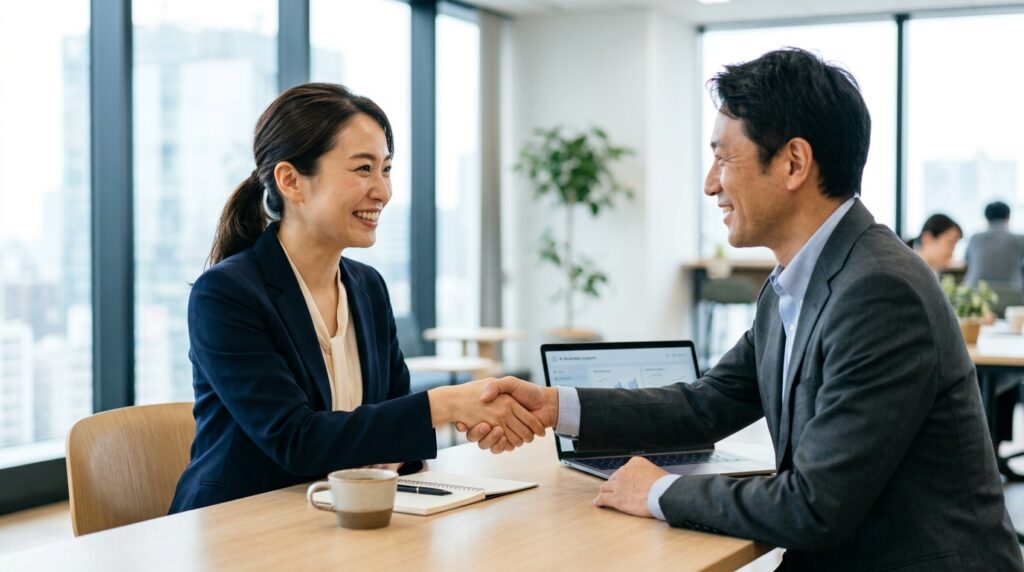 AIを活用しながら人と協力して仕事を進めるビジネスシーンのイメージ