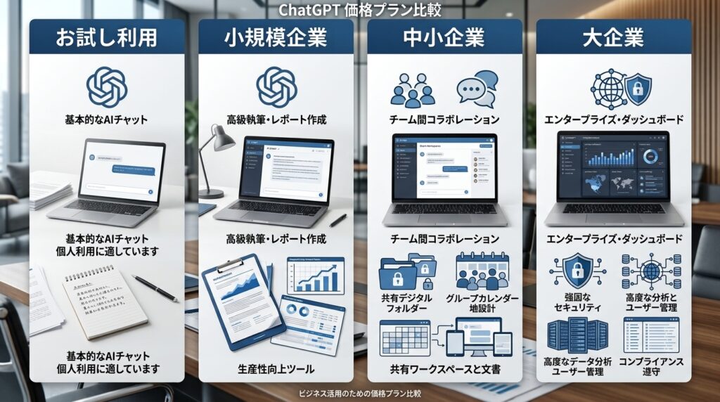 ChatGPTの料金プランをお試し利用、小規模企業、中小企業、大企業向けに比較した図