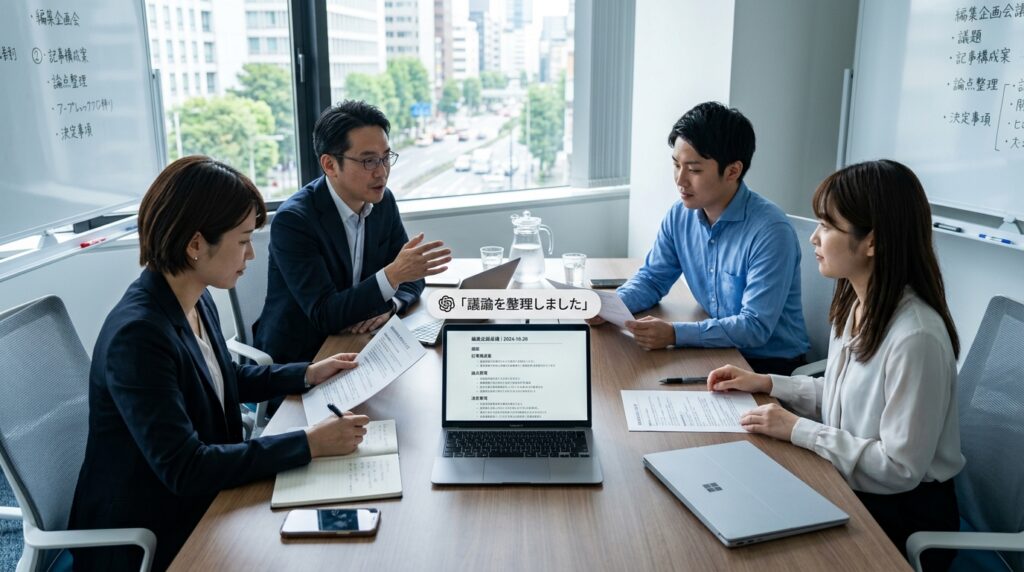 OpenAI音声機能が記事企画・構成会議に参加し、議論整理を支援しているイメージ