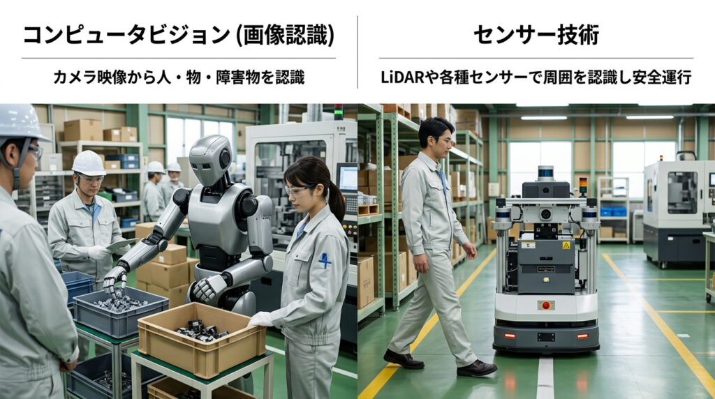 コンピュータビジョンとセンサー技術を活用して人や障害物を認識するフィジカルAIロボット