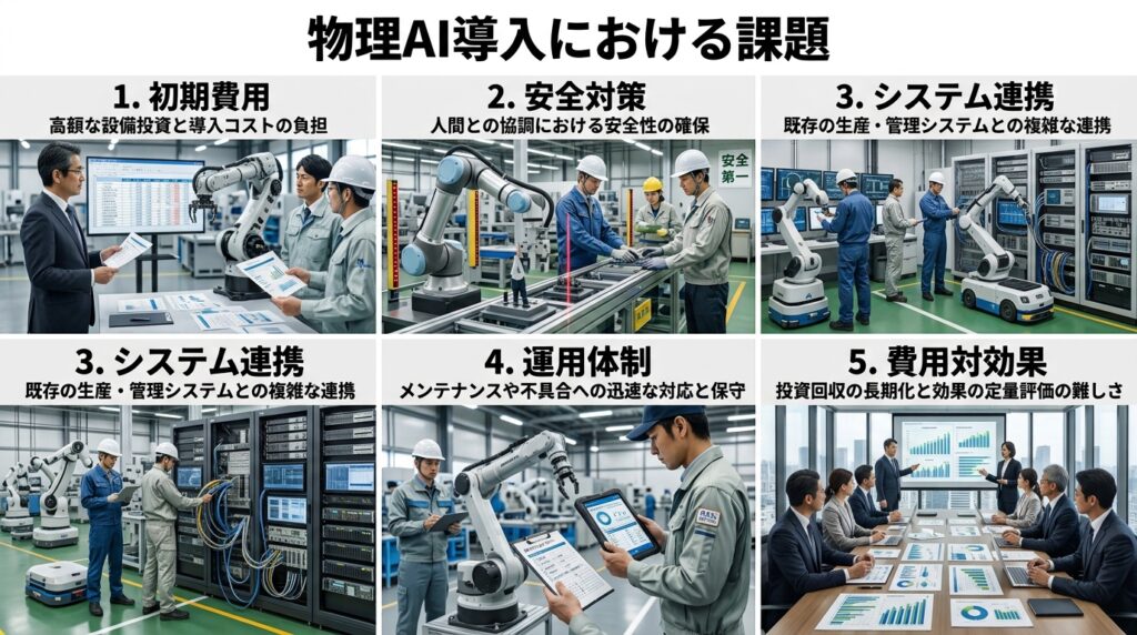 フィジカルAI導入における初期費用、安全対策、システム連携、運用体制、費用対効果の課題をまとめた図