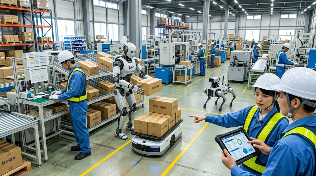 工場でヒューマノイドロボットや搬送ロボットが人と協働し、フィジカルAIが実際の業務で活用されている様子