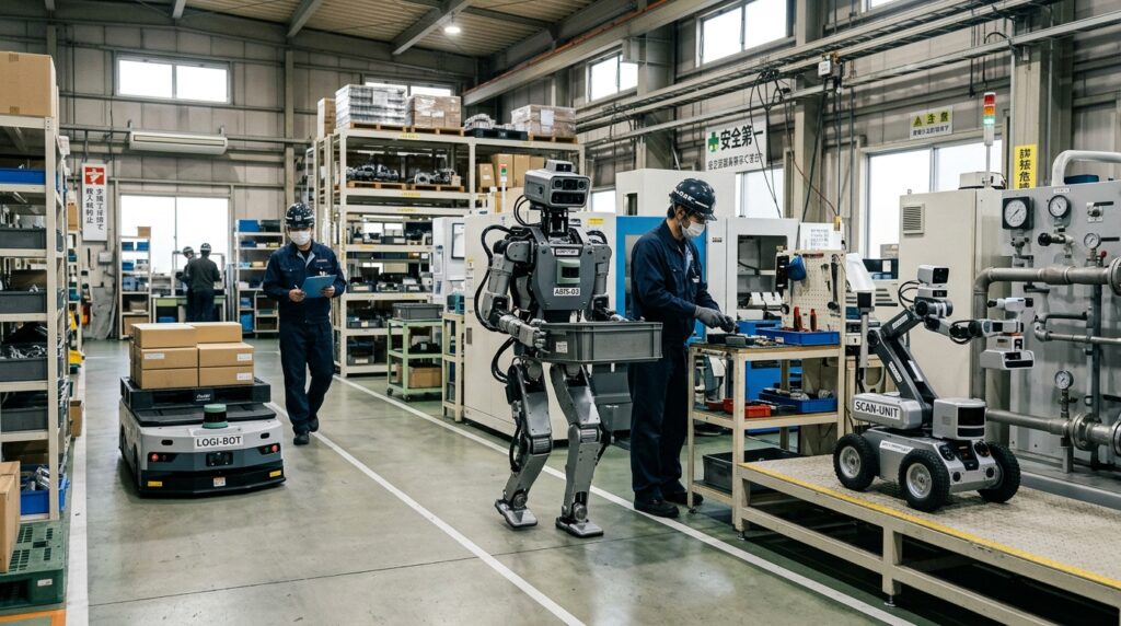 工場でヒューマノイドロボットや搬送ロボットが作業し、フィジカルAIの活用を示す様子