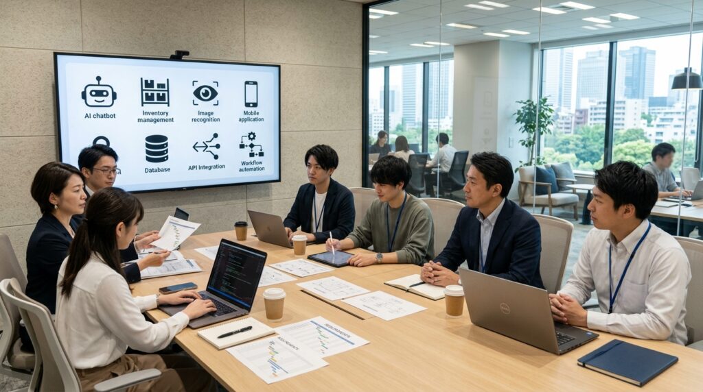システム開発会社の担当者が業務システムやAIソリューションの開発について打ち合わせをしている様子