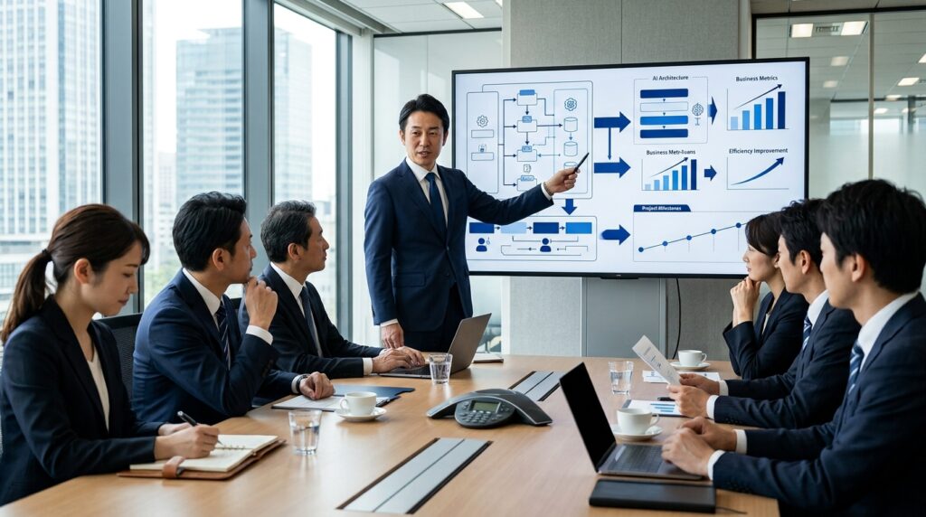 AIコンサルタントが企業へ導入支援を行うイメージ