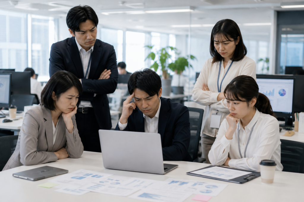 AI導入が進まない企業で担当者が課題を話し合っている様子
