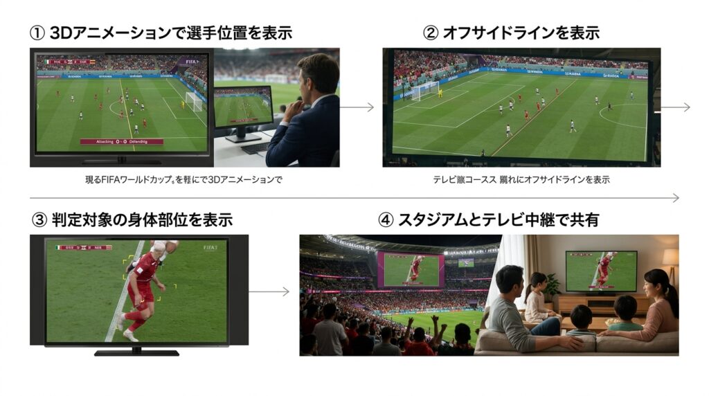 ワールドカップでAIによるオフサイド判定を複数の映像で可視化したイメージ