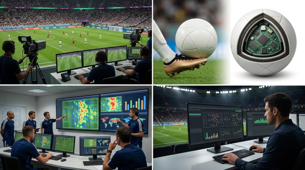 ワールドカップで活用されるAI技術やVAR、ボールセンサー、映像解析をまとめたイメージ