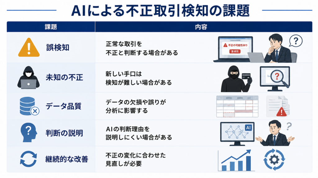 AIによる不正取引検知の課題を表したイメージ