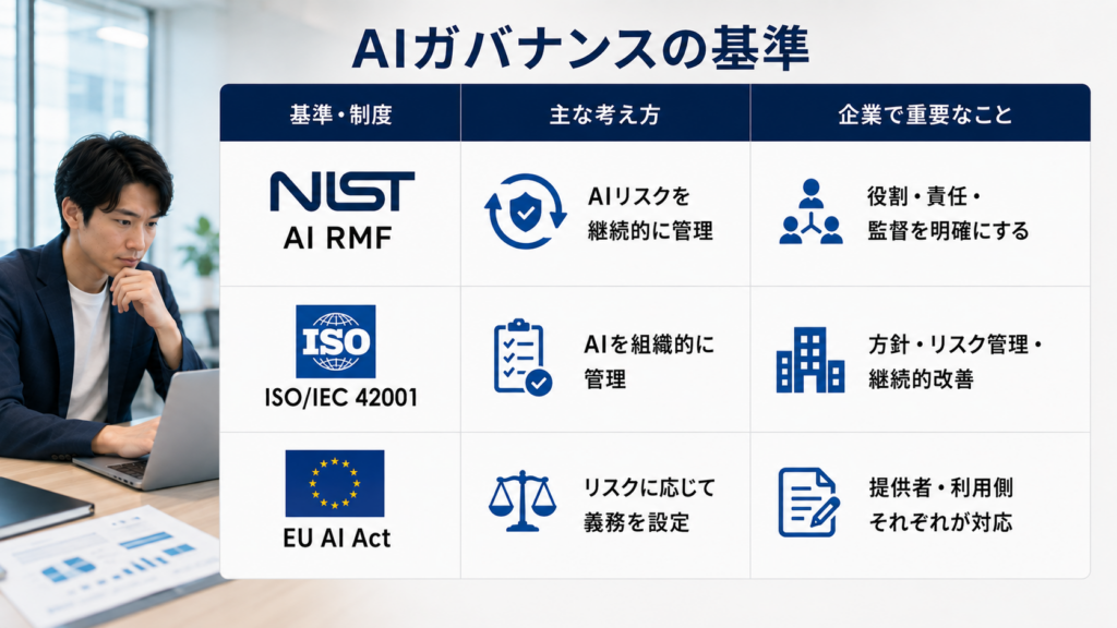 NIST・ISO・EU AI ActにおけるAIガバナンスと責任