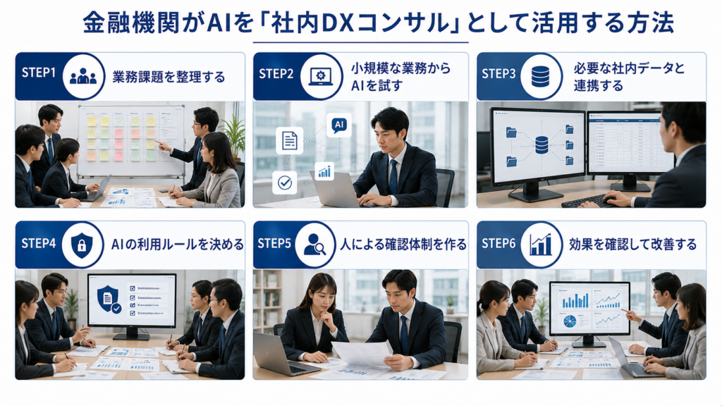 金融機関がAIを社内DXコンサルとして活用するイメージ