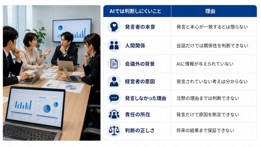 AIでは会議データから判断できないことを表したイメージ