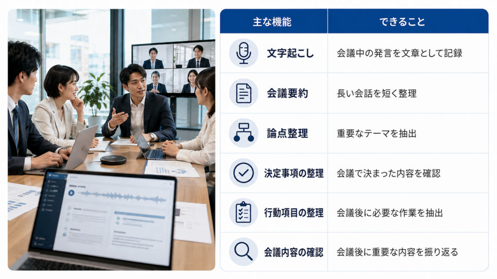 AI会議分析ツールでできることを示したイメージ