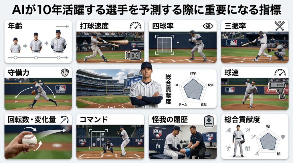 AIがMLB選手の長期的な活躍を予測する際に分析する重要指標のイメージ