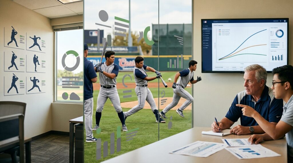 AIがMLB選手の成績やプレーデータを分析して将来性を予測するイメージ