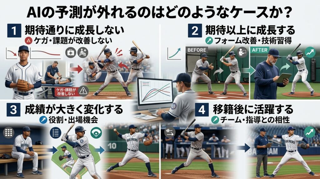 AIによるMLB選手の将来予測が怪我や急成長、環境変化などによって外れるケース