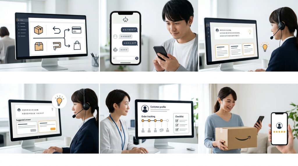 AmazonがAIをカスタマーサービスに活用し問い合わせ対応や顧客サポートを効率化する様子