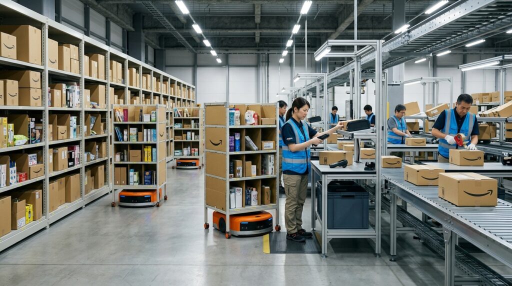 Amazonの物流センターでAIとロボットにより作業効率が向上している様子