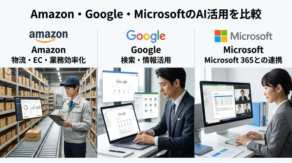 Amazon・Google・MicrosoftのAI活用戦略と企業向けAIサービスを比較したイメージ