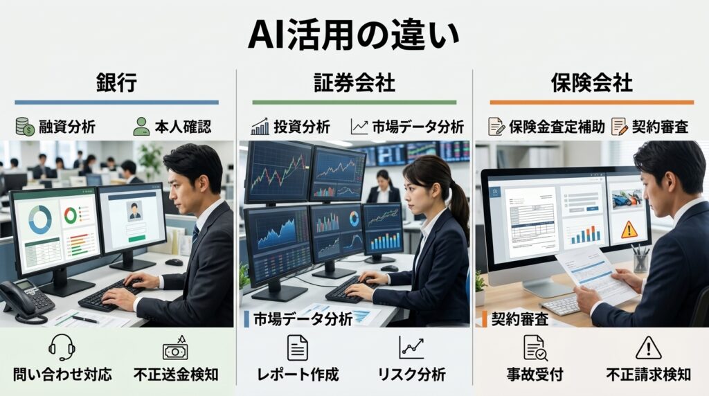 銀行・証券会社・保険会社におけるAIの活用方法や業務領域の違いを比較したイメージ
