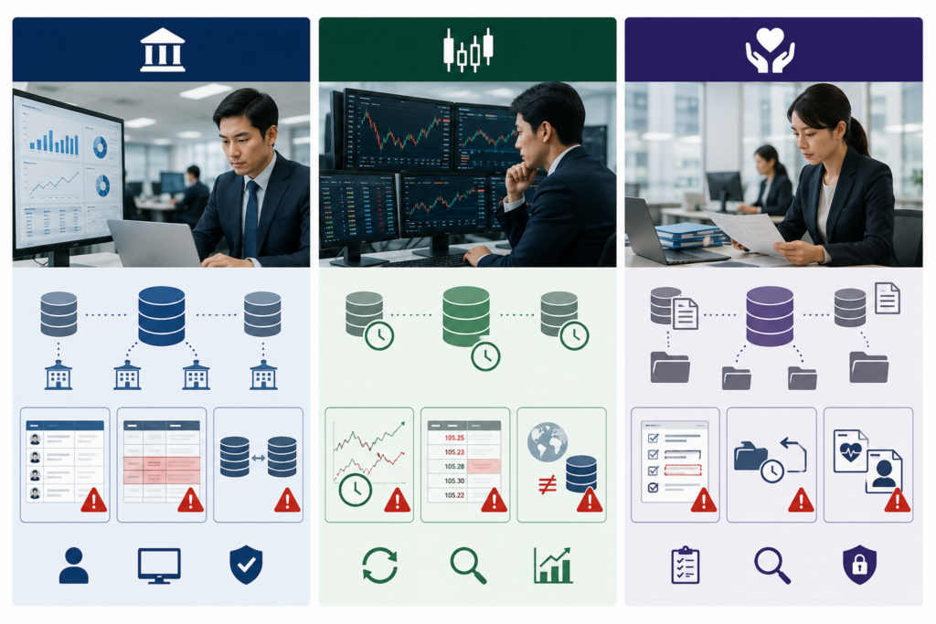 銀行・証券・保険会社で発生しやすい金融データの品質課題を比較したイメージ