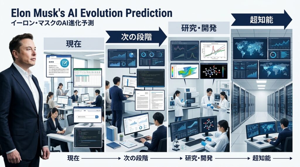イーロン・マスクが予測するAIの未来を表したイメージ
