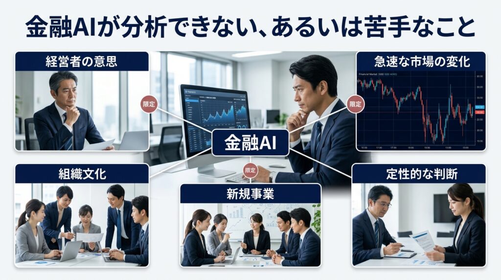 金融AIでは分析できないことや苦手な領域を解説するイメージ
