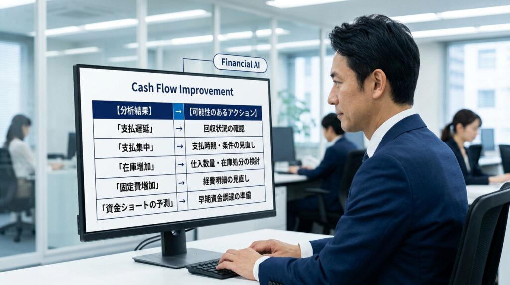 金融AIを活用した経営分析の具体例を紹介するイメージ