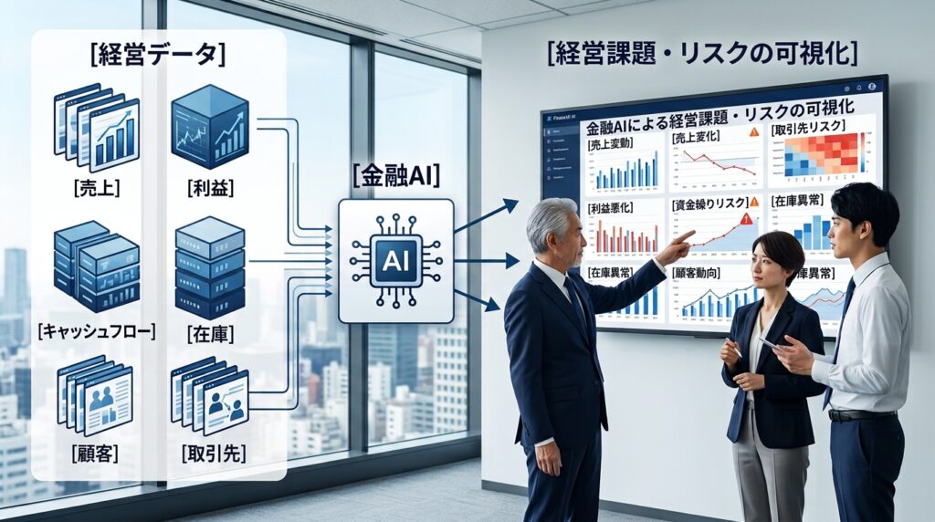 金融AIが経営データから導き出す示唆を解説するイメージ
