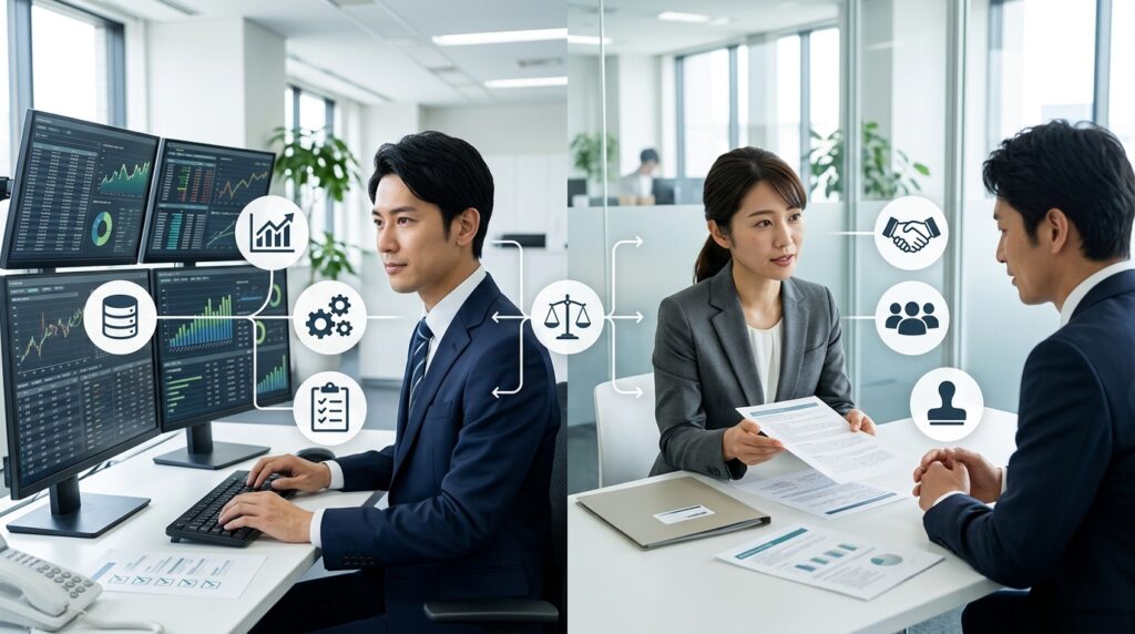 金融機関が業務をAIに任せるか人が担当するかを判断する基準のイメージ