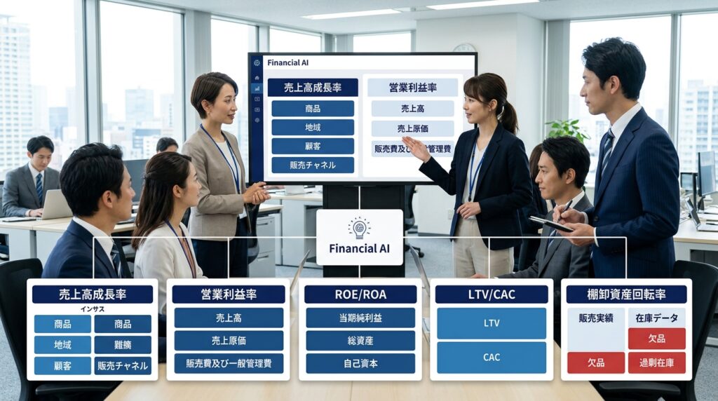 金融AIによる経営KPI分析の仕組みを解説するイメージ