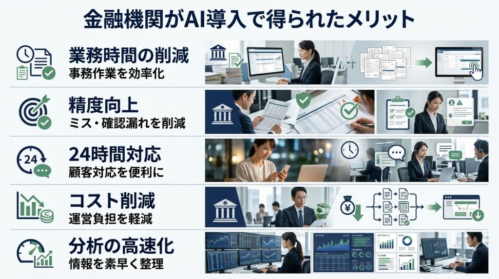 金融機関がAI導入によって業務効率化やリスク管理の高度化などのメリットを得るイメージ