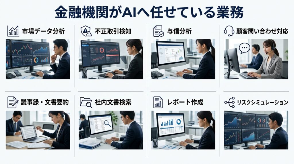 金融機関がデータ分析や不正検知、リスク評価などの業務をAIに任せているイメージ
