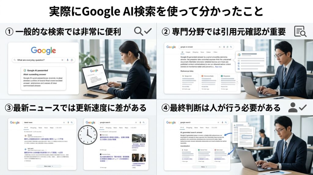 Google AI検索を実際に使用して検索結果を検証したイメージ