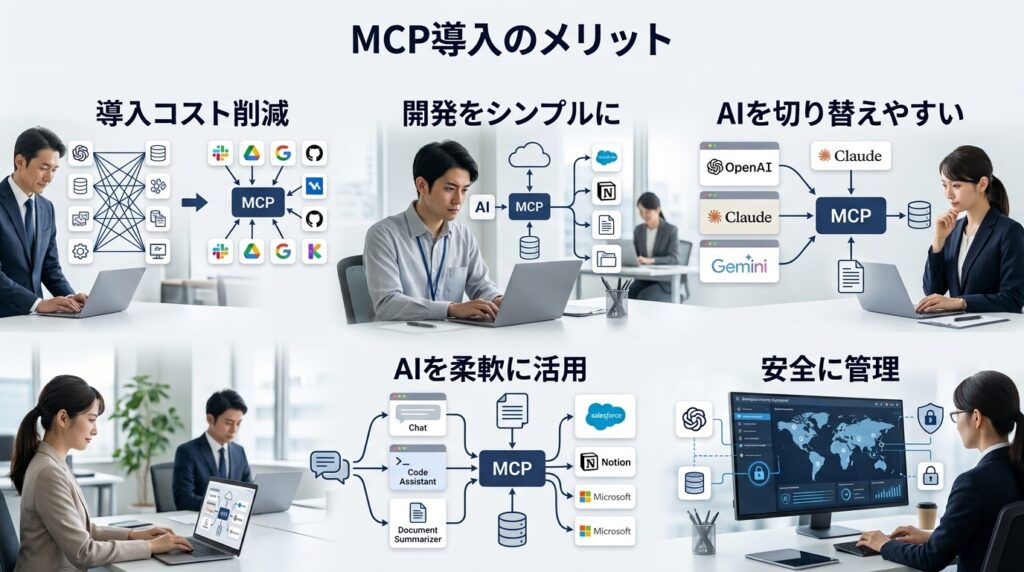 MCP導入によるAIと業務システムの連携や業務効率化などのメリットを表したイメージ