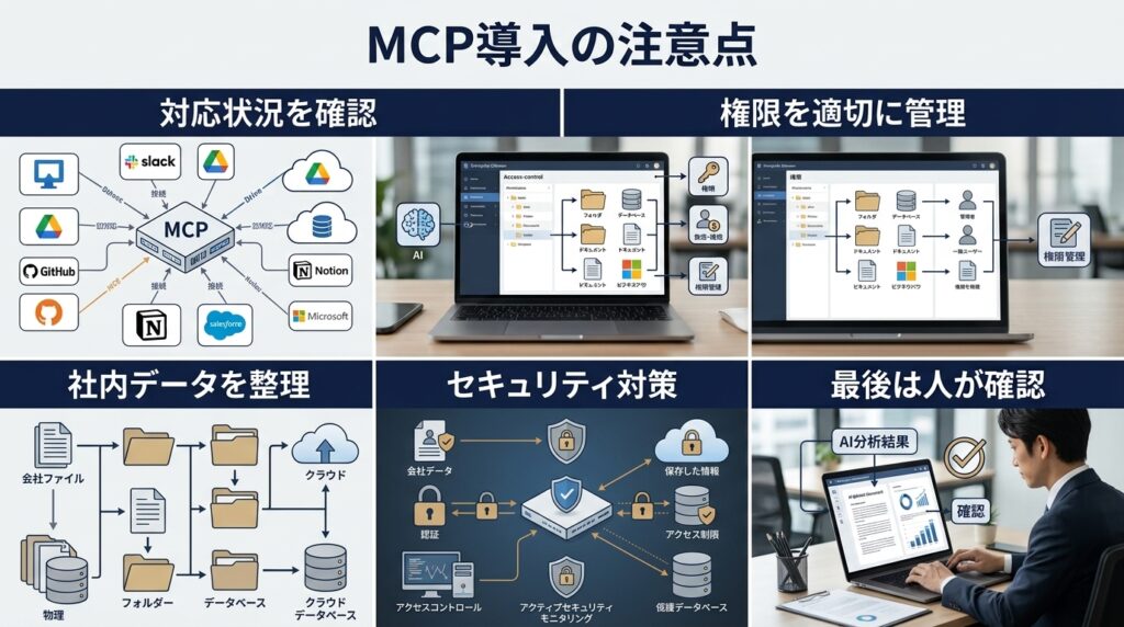 MCP導入時に注意すべきセキュリティやアクセス権限、データ管理などのリスク