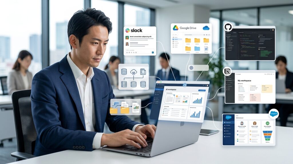 MCPを活用してAIが外部データや業務ツールと連携する仕組みを表したイメージ
