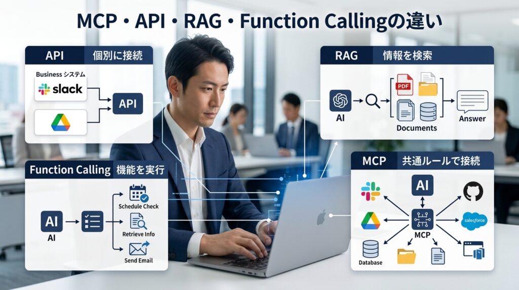 MCP・API・RAG・AIエージェントの役割と仕組みの違いを比較したイメージ