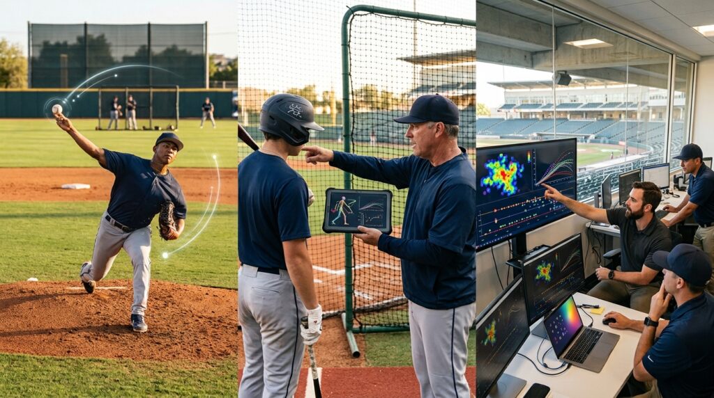 MLB球団がAIとデータ分析を活用して選手の能力向上や育成を支援するイメージ