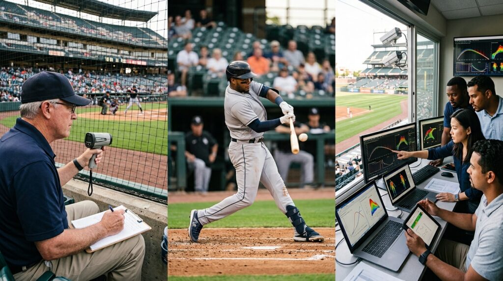 MLBでAIとデータ分析を活用して選手の能力やパフォーマンスを評価するイメージ