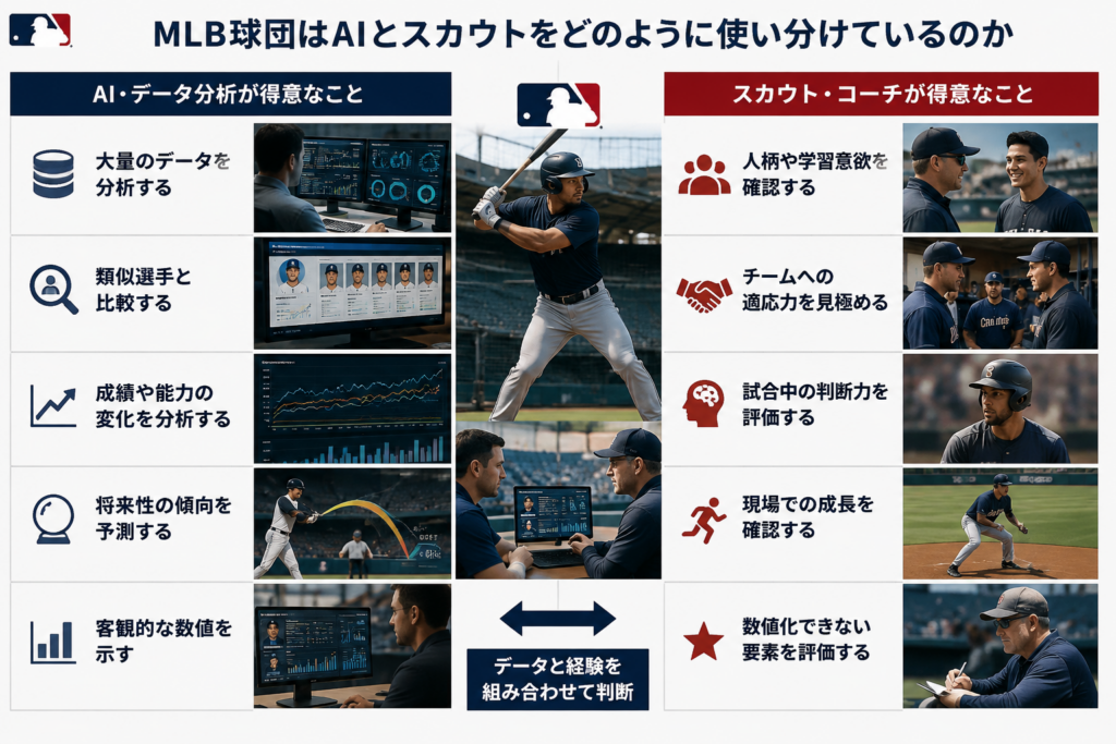 MLB球団がAIによるデータ分析とスカウトによる選手評価を組み合わせるイメージ