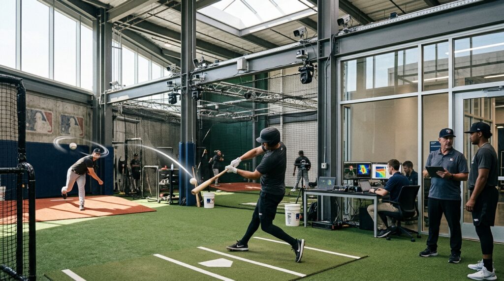MLB球団が投球・打撃・守備などのデータを選手育成に活用するイメージ